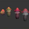 Mushroom Shaped Plants With Red Caps White Edges Dark Stems On Gray Background With Reflection