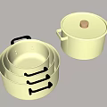 Stylish Yellow Cookware Set Featuring Stacked Pots And Wooden Lid Design