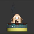 Cartoon Cottage Scene With Chimney Smoke Barrels On Round Platform Yellow Base Blue Accents