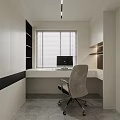 Modern Minimalist Study Room Interior With White Desk Computer Chair And Bookshelf Blinds