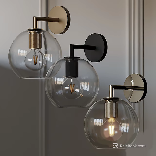 Modern Glass Shade Wall Lamps With Gold And Black Metal Bases Illuminated On Wall 3d model 