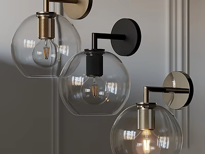 Modern Glass Shade Wall Lamps With Gold And Black Metal Bases Illuminated On Wall 3d model
