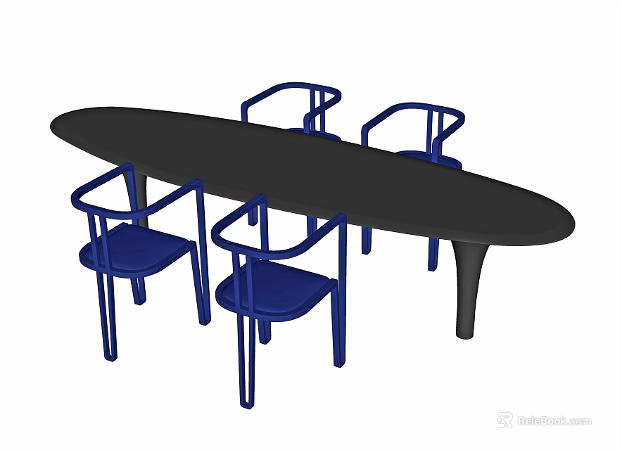 Oval Black Dining Table Set With Four Blue Chairs And Modern Design 3d model 