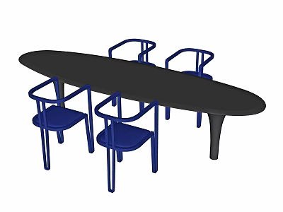 Oval Black Dining Table Set With Four Blue Chairs And Modern Design 3d model