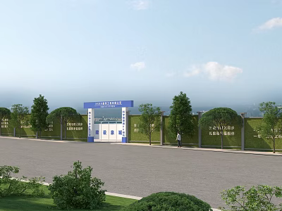 Green Building Exterior Wall With Blue Entrance Gate And Neatly Trimmed Trees 3d model
