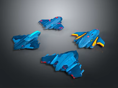 Four Blue Aircraft Models With Sleek Design And Red Yellow Accent Features 3d model