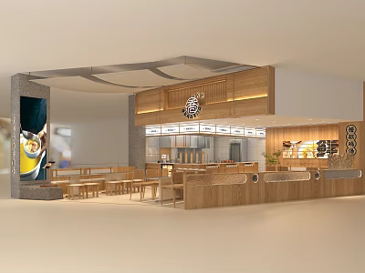 Modern Restaurant Interior With Wooden Counter Seating Area And Display Shelves 3d model