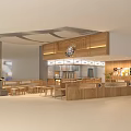 Modern Restaurant Interior With Wooden Counter Seating Area And Display Shelves