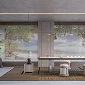 Open Modern Exhibition Hall Interior With Wooden Decorative Wall White Display Counters And Green Plant