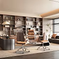 Modern Office Interior Design With Bookshelves Desk Office Chairs Sofa And Plants