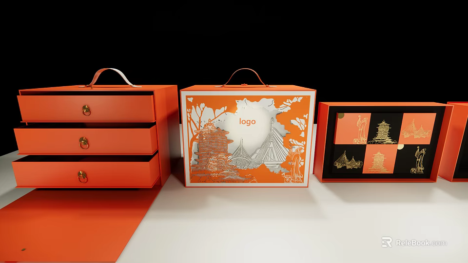 Orange And Black Decorative Ornament Set With Drawers Cutout Logo Patterns And Pagoda Designs 3d model 