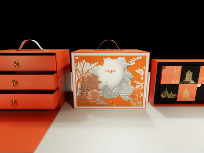 Orange And Black Decorative Ornament Set With Drawers Cutout Logo Patterns And Pagoda Designs 3d model