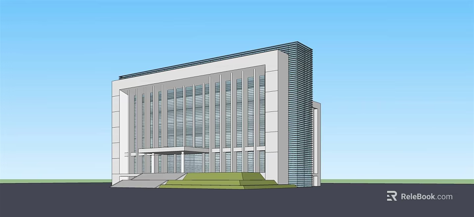 Modern Office Building With Glass Curtain Wall White Exterior Green Lawn And Entrance Steps 3d model 