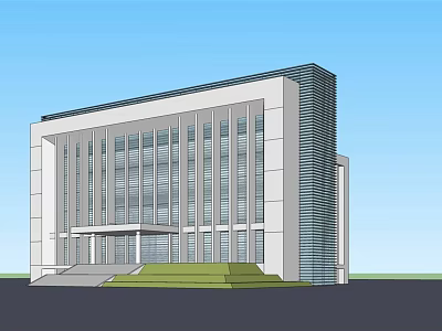 Modern Office Building With Glass Curtain Wall White Exterior Green Lawn And Entrance Steps 3d model