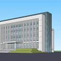 Modern Office Building With Glass Curtain Wall White Exterior Green Lawn And Entrance Steps