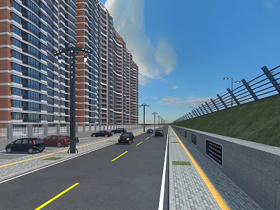 Road Facilities With Street Lamps Traffic Lanes Guardrails And Sidewalks Along High Rise Buildings 3d model