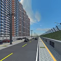 Road Facilities With Street Lamps Traffic Lanes Guardrails And Sidewalks Along High Rise Buildings