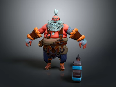 Cartoon Character With Red Skin White Beard Brown Arm Wraps Blue Pants And Blue Lantern 3d model