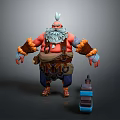 Cartoon Character With Red Skin White Beard Brown Arm Wraps Blue Pants And Blue Lantern