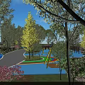 Colorful Kids Play Area With Rainbow Water Features Sand Pit And Trees