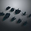Black Biomorphic Creature Like Shapes Arranged On Gray Background With Multiple Forms 3d model