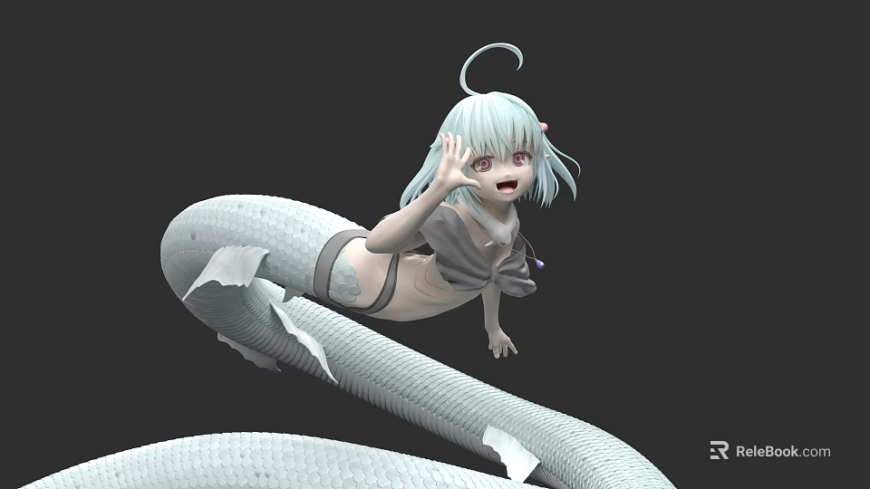 Woman With Light Blue Hair And White Snake Tail In Dark Background 3d model 