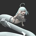 Woman With Light Blue Hair And White Snake Tail In Dark Background