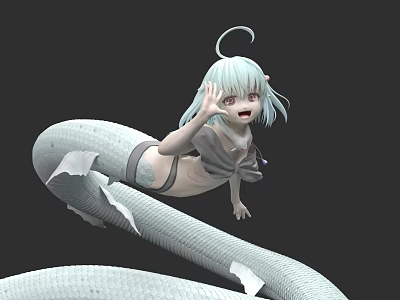 Woman With Light Blue Hair And White Snake Tail In Dark Background 3d model