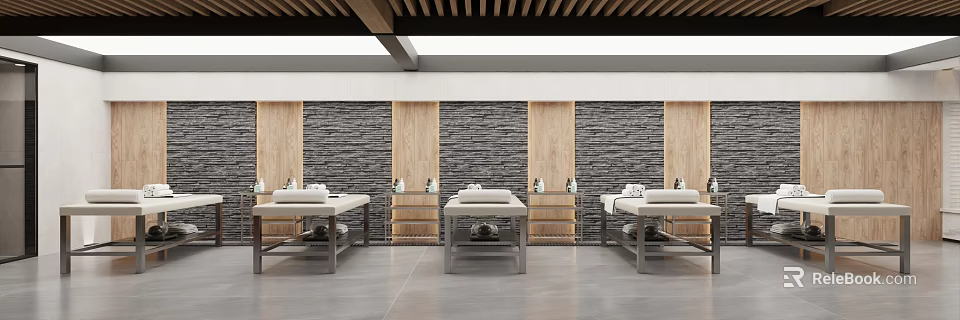 Modern SPA Sauna Room with Massage Tables Stone Walls and Wooden Panels 3d model 