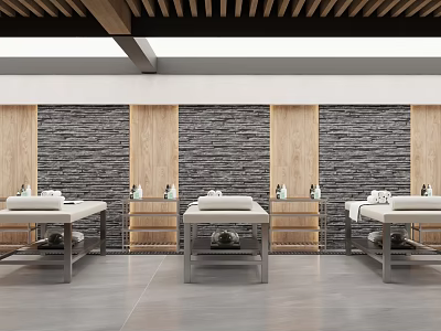Modern SPA Sauna Room with Massage Tables Stone Walls and Wooden Panels 3d model