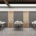 Modern SPA Sauna Room with Massage Tables Stone Walls and Wooden Panels