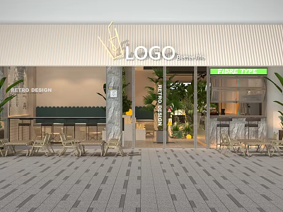 Retro Style Bubble Tea Shop With Fresh Tea Signage Green Plants And Outdoor Seating 3d model