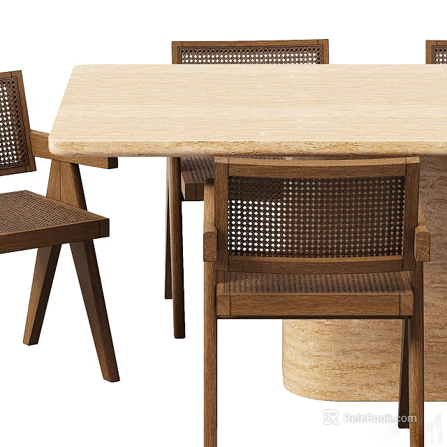 Natural Style Dining Table Set With Light Colored Top And Woven Chairs 3d model