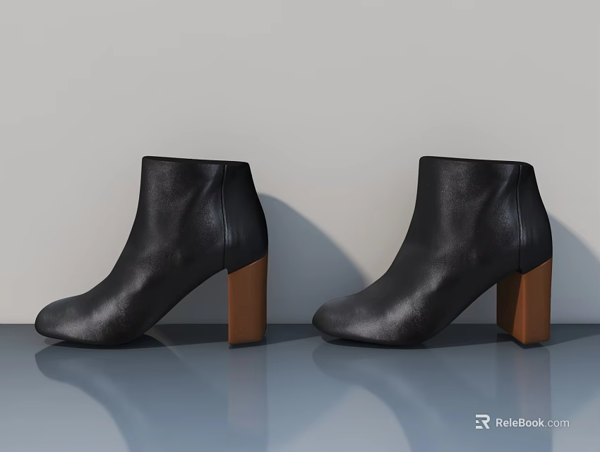 Black Leather Ankle Boots With Wooden Heels On Gray Reflective Floor Background 3d model 