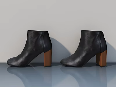 Black Leather Ankle Boots With Wooden Heels On Gray Reflective Floor Background 3d model
