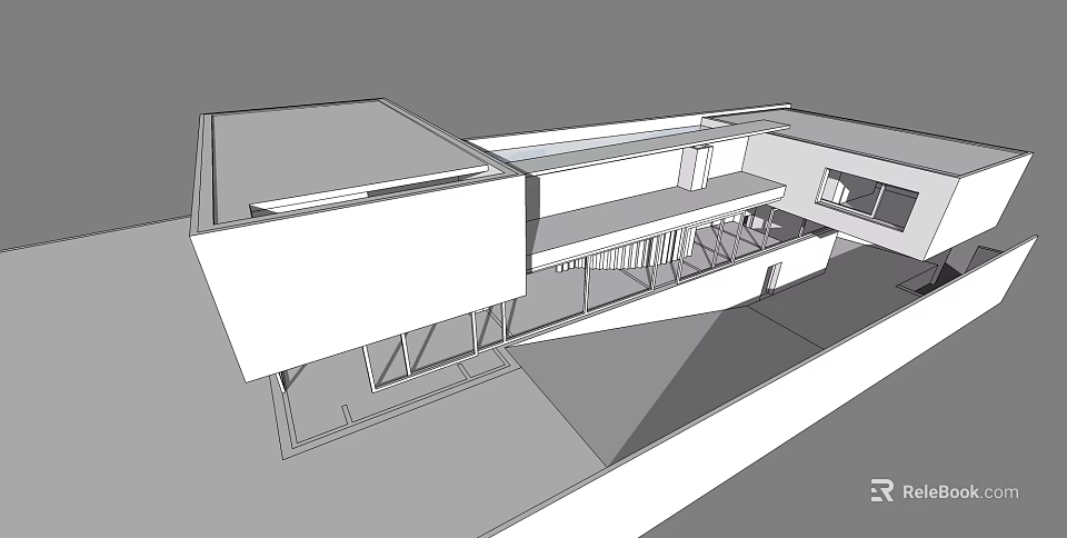 Modern Detached House Exterior With Geometric Structure Large Windows And Open Terrace 3d model 