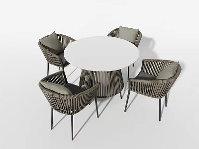 Outdoor Table Set Featuring White Round Tabletop Wicker Chairs And Gray Cushions 3d model