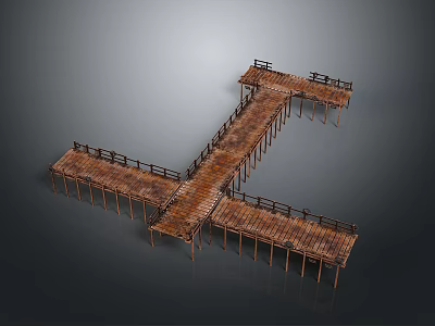 Cross Shaped Wooden Pontoon Bridge Structure With Piers And Wooden Railings 3d model