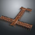 Cross Shaped Wooden Pontoon Bridge Structure With Piers And Wooden Railings