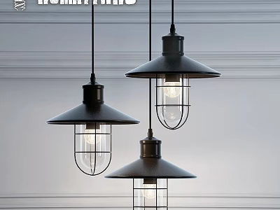 Industrial Style Black Pendant Lights With Metal Cages Hanging From Ceiling 3d model