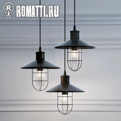 Industrial Style Black Pendant Lights With Metal Cages Hanging From Ceiling 3d model