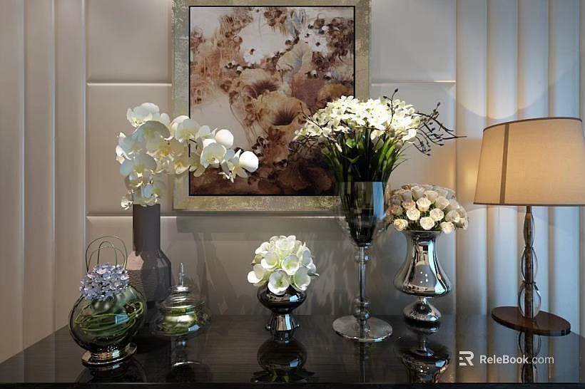 White Orchids And Bouquets In Glass Metal Vases With Decorative Painting And Table Lamp 3d model 