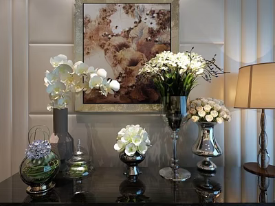 White Orchids And Bouquets In Glass Metal Vases With Decorative Painting And Table Lamp 3d model