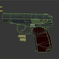 Detailed Pistol Displaying Red Grip 9MM Caliber Metallic Surface And Bullets