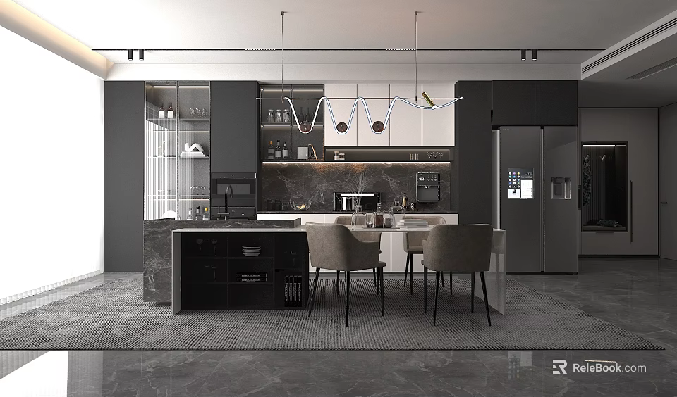 Modern Kitchen Interior With Island Counter Cabinets Dining Chairs And Pendant Lights 3d model 