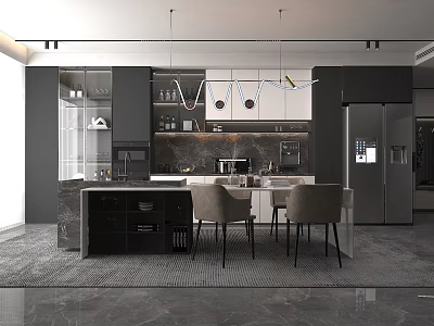 Modern Kitchen Interior With Island Counter Cabinets Dining Chairs And Pendant Lights 3d model