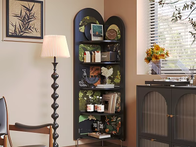 Black Heart Shaped Bookshelf With Decorative Items And Floor Lamp In Cozy Room 3d model