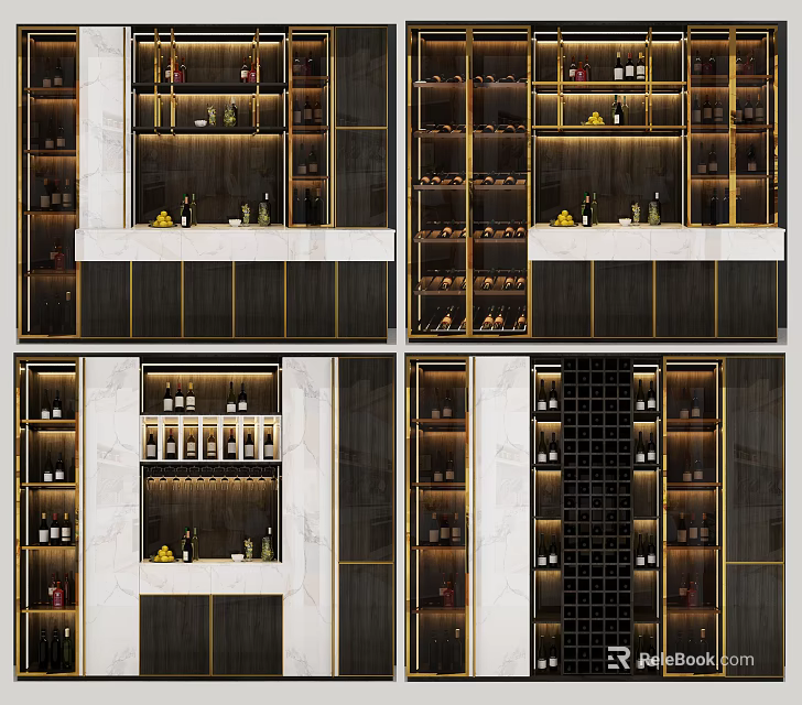 Modern Wine Cabinet With Marble Accents And Gold Trim Multiple Shelves For Wine Bottles 3d model 