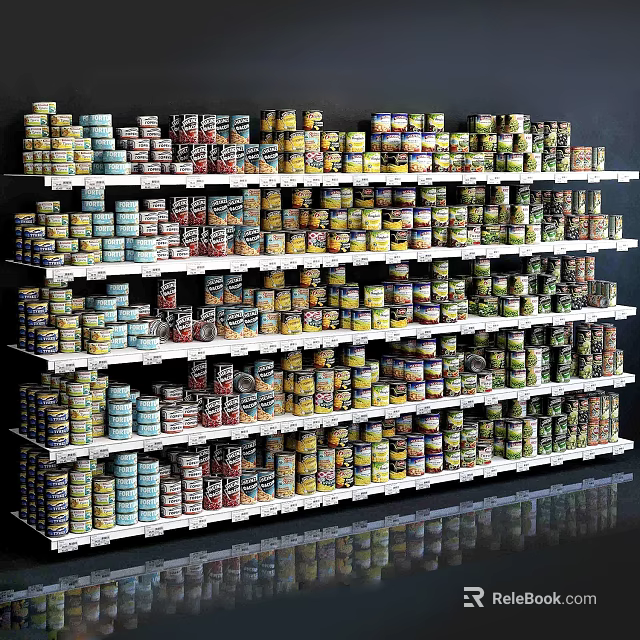 Organized Display Shelves With Multiple Layers Of Various Canned Goods For Retail Storage 3d model 