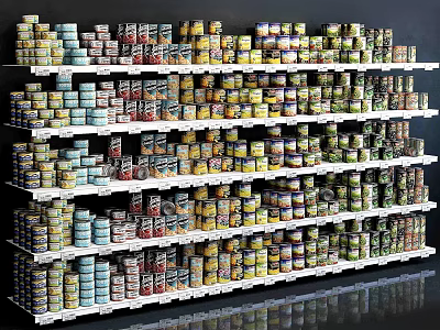 Organized Display Shelves With Multiple Layers Of Various Canned Goods For Retail Storage 3d model